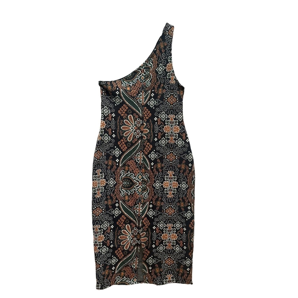 Anthropologie One Shoulder Jacquard Textured Midi Cocktail Dress Neutral Size M - Picture 6 of 9